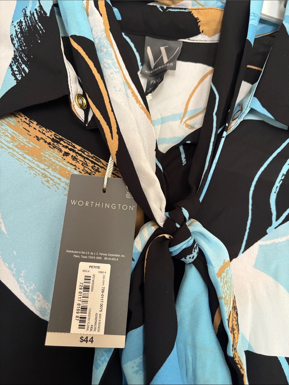 Worthington Black/Blue Button-Down Tie-Neck Blouse - Picture 2 of 5